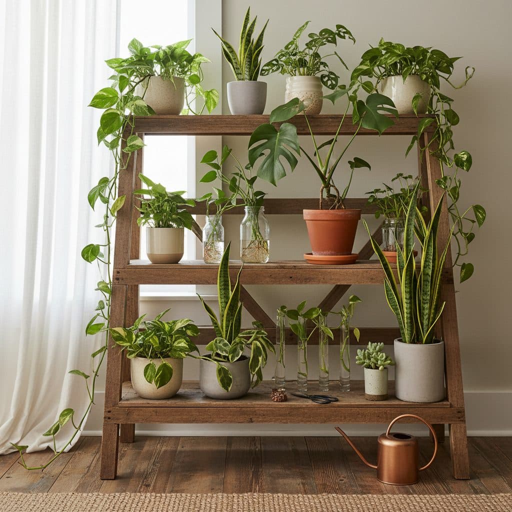 Assortment of propagated houseplants on a shelf, with cuttings in water and soil.