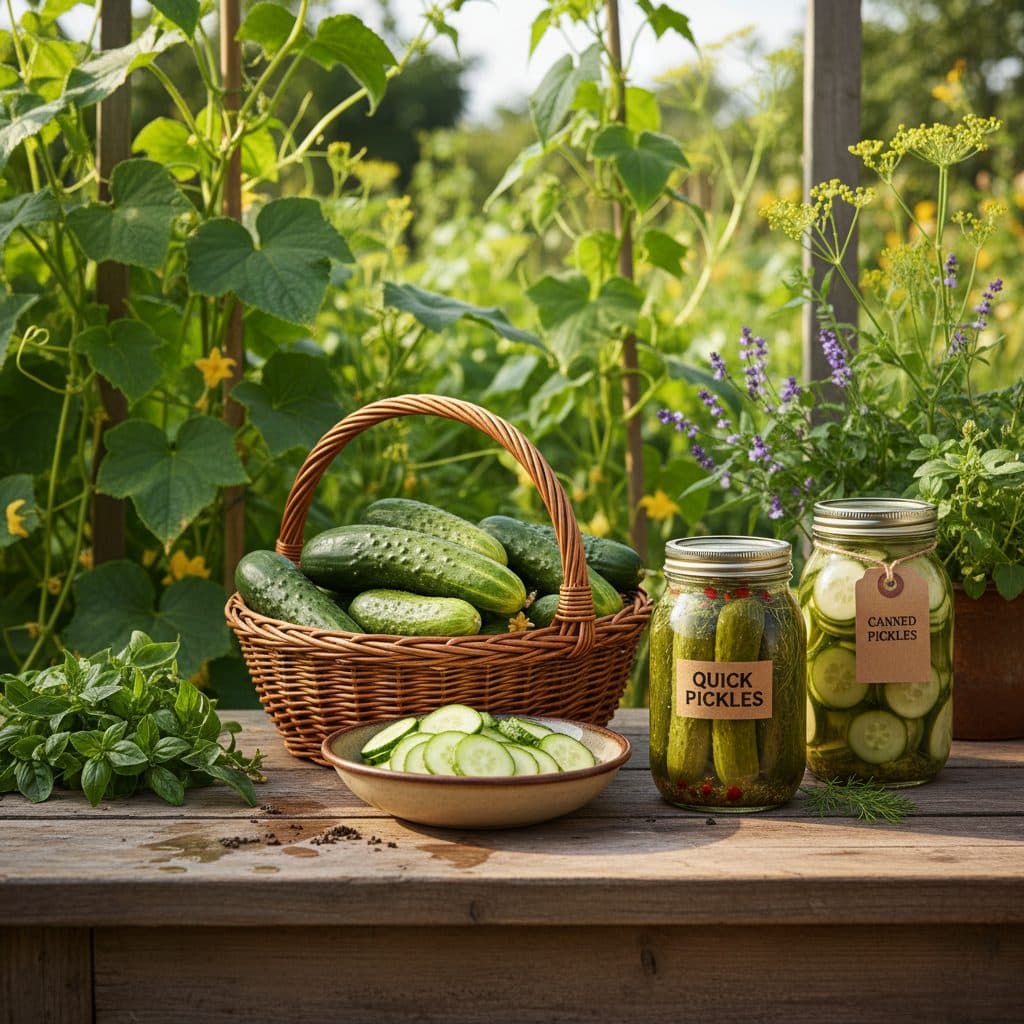 A rustic kitchen counter displaying fresh cucumbers, sliced cucumbers, and two types of pickles: one jar of quick refrigerator pickles and one jar of shelf-stable canned pickles.