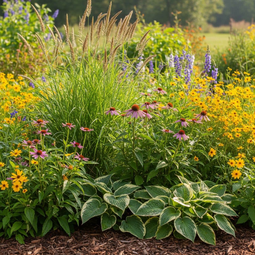 A beautiful, thriving rain garden in front of a US homestead, collecting water from a downspout after a rain, with various native plants in bloom.