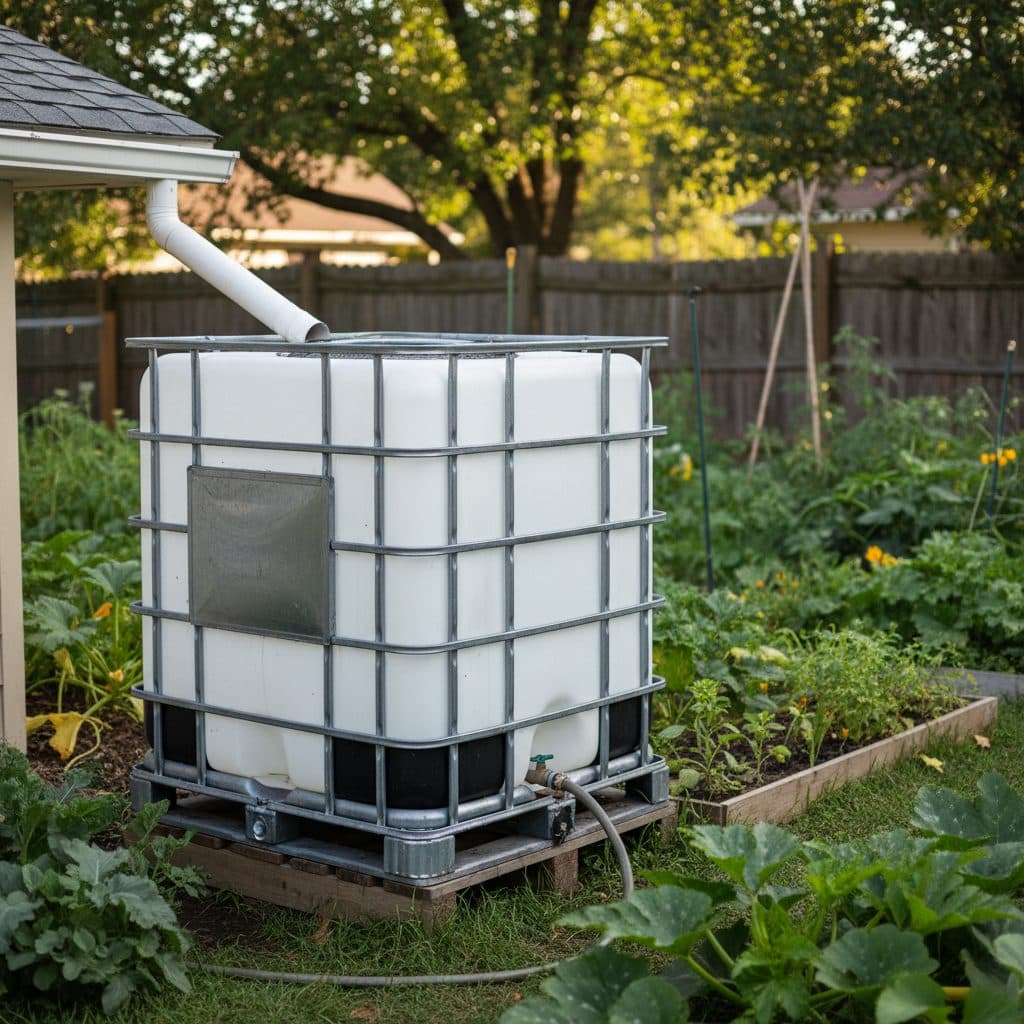 A peaceful US homestead with a vegetable garden and a rain barrel system visible next to a small shed.