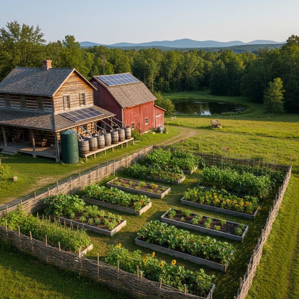 A thriving US homestead food garden with a large rainwater collection cistern visible next to a barn, demonstrating water independence.