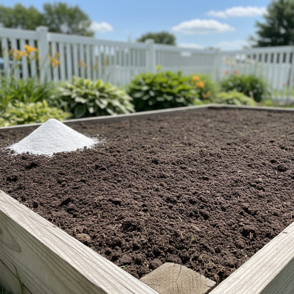 A home garden bed with dark, tilled soil and a small, white pile of garden lime, ready for incorporation.