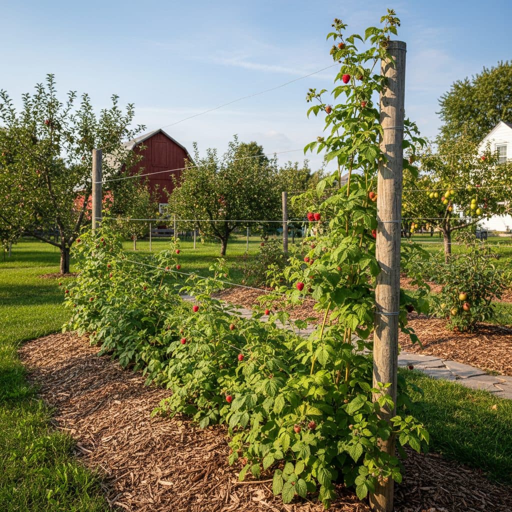 Raspberry canes supported by a simple wire trellis in a sunny backyard orchard in the Midwest.