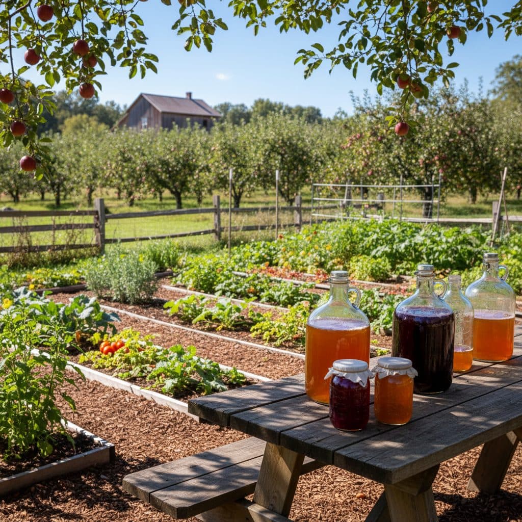 Glass jars of fermenting apple cider vinegar on a wooden table at a US homestead, with an apple orchard in the background.