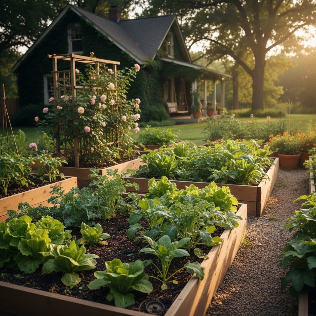 A peaceful US homestead scene with a small garden, no people.
