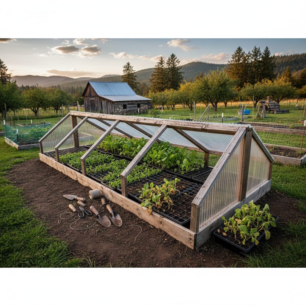 A homestead greenhouse with healthy seedling trays, one showing early signs of collapse, with gardening tools ready for intervention.