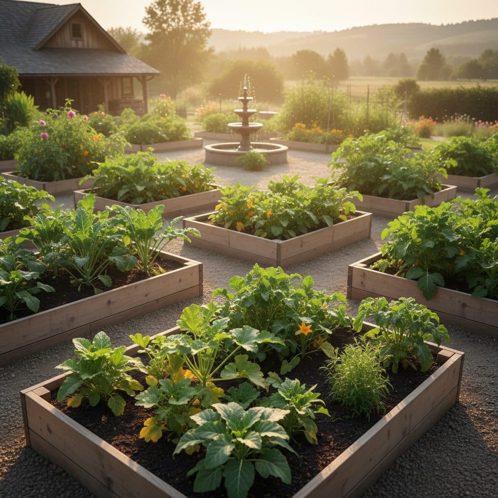 A backyard garden with raised beds, showing lush green plants under a clear sky in a typical US agricultural setting.