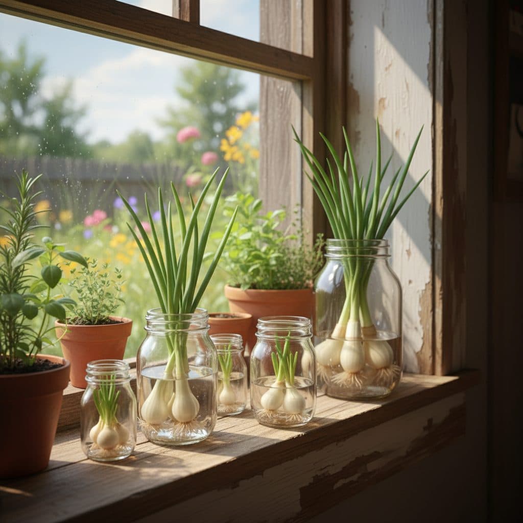 A sunny kitchen windowsill in a US homestead, featuring several glass jars with green onion bases regrowing, showing vibrant green shoots. Potted herbs are visible in the background, with natural ligh