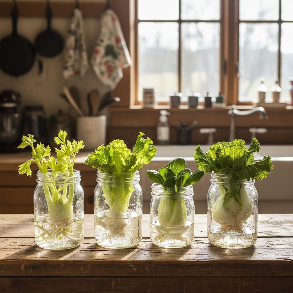 Various vegetable bases regrowing on a sunny kitchen windowsill