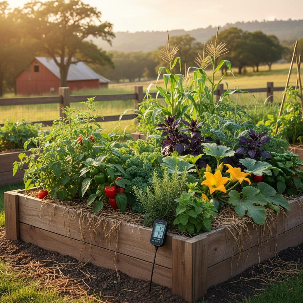 A vibrant raised garden bed with a soil moisture meter, illustrating healthy plants and smart irrigation.