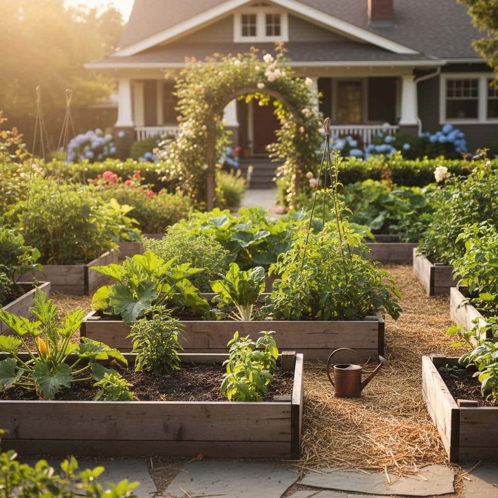A vibrant rooftop vegetable garden in an urban setting, featuring various light-colored containers with thriving plants.