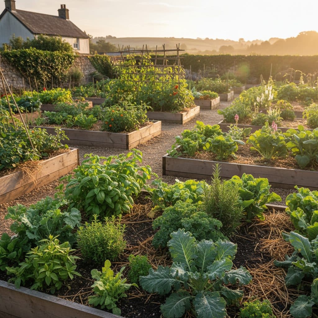 A thriving vegetable garden with rows of tomatoes and basil under a clear blue sky in rural Ohio.