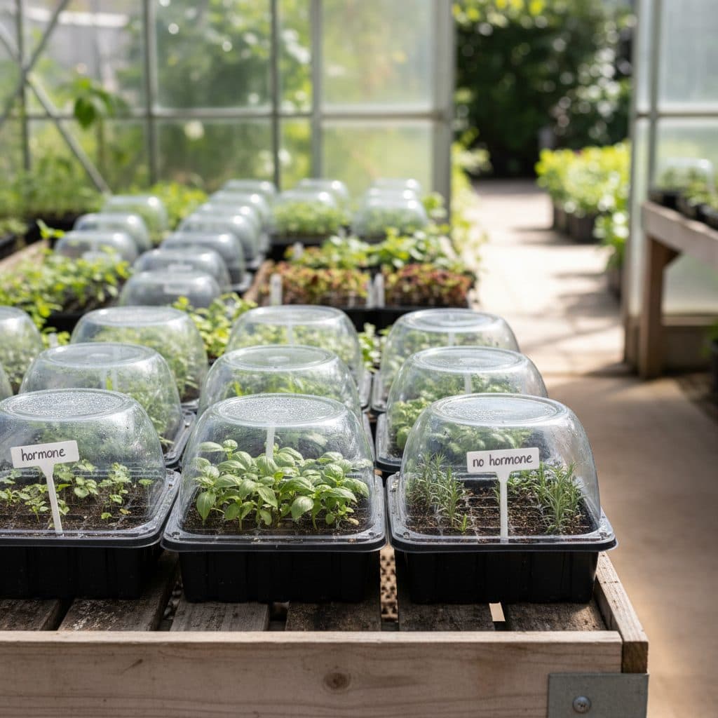 A propagation bench with trays of plant cuttings, some treated with rooting hormone and some untreated, under humidity domes.
