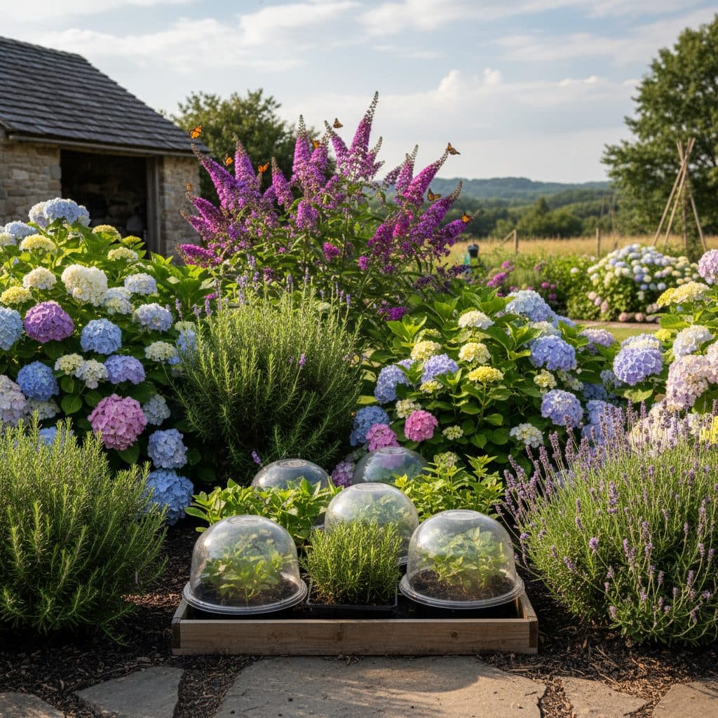 A home garden with hydrangeas, rosemary, lavender, and butterfly bush, featuring a propagation tray with cuttings under a clear dome.