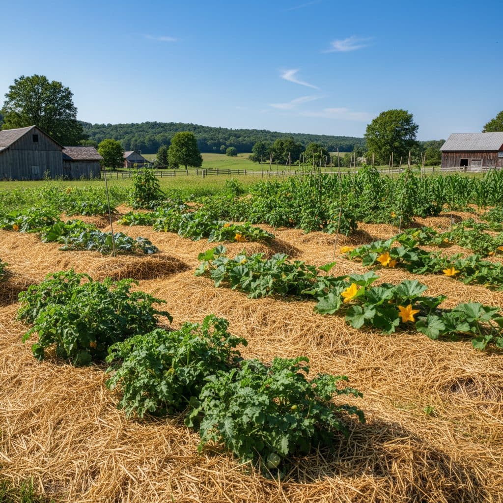 A thriving deep-mulch garden with thick hay covering the soil and healthy plants growing through it.