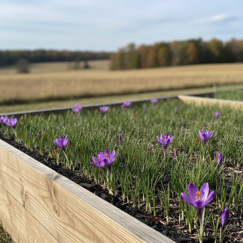 Saffron crocus flowers blooming in a raised garden bed in autumn.