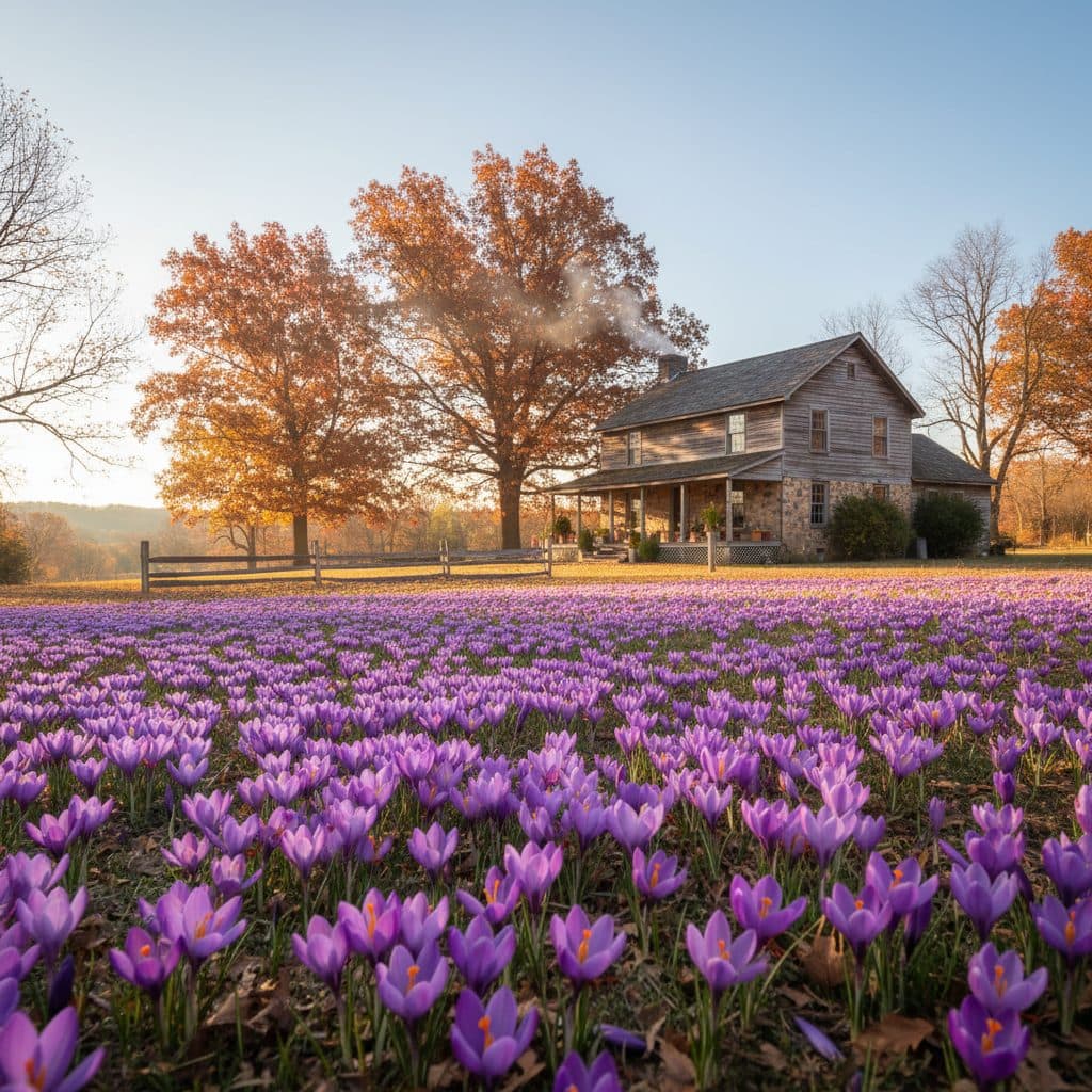 A small field of purple saffron crocus flowers blooming in front of a traditional American farmhouse under a clear autumn sky.