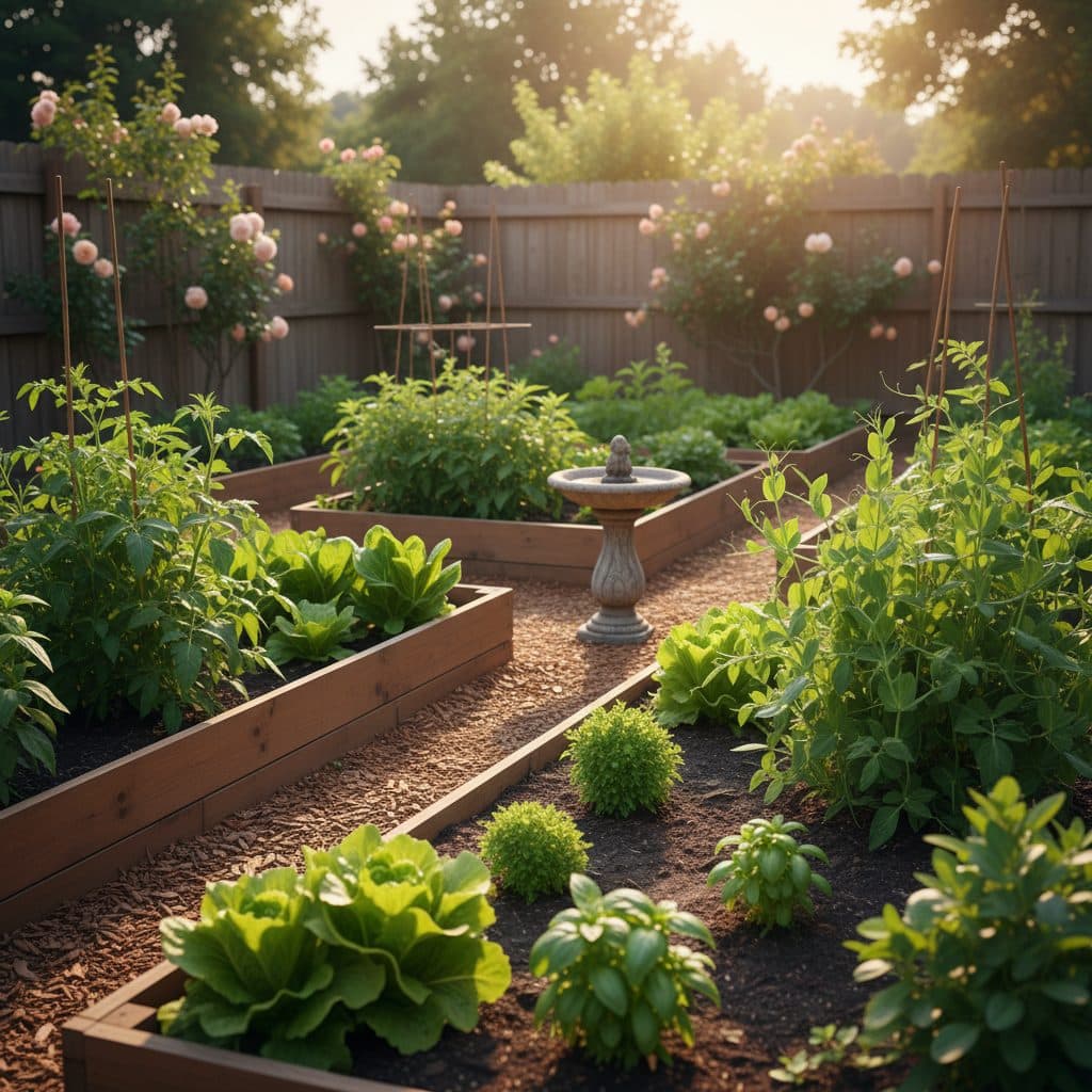 Raised garden beds filled with blooming purple saffron flowers under a cloudy Pacific Northwest sky.