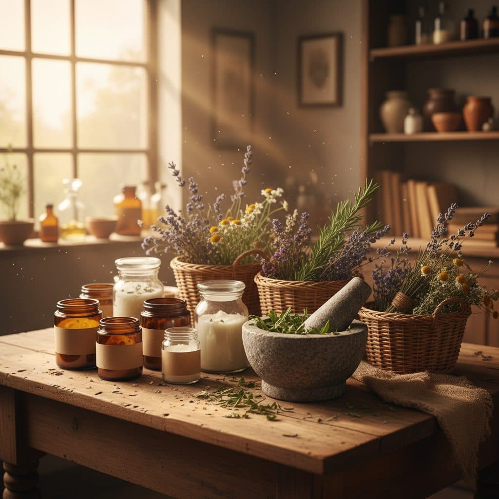 Homemade salves in amber jars, dried herbs, and apothecary tools on a rustic table in a sunlit homestead.
