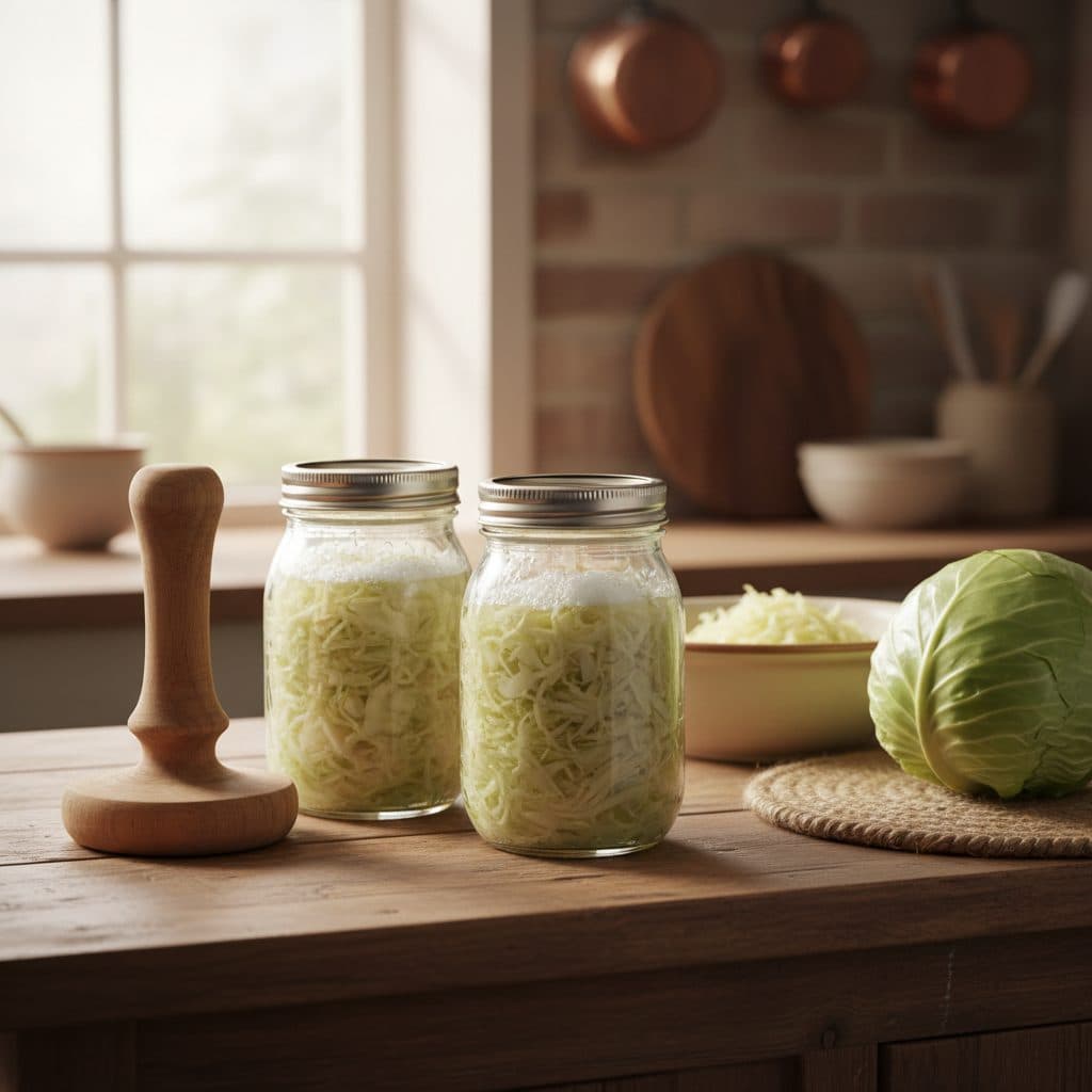 Mason jars filled with fermenting cabbage on a rustic kitchen counter.