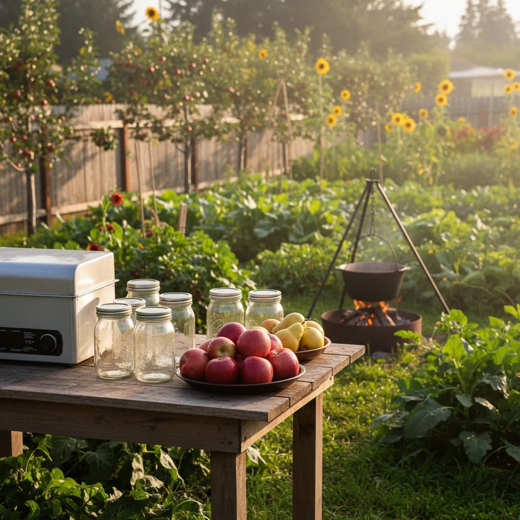 A rustic wooden table on a US homestead, covered with a bountiful harvest of red apples and green pears, with canning jars, a food dehydrator, and a large cooking pot visible in the background, bathed