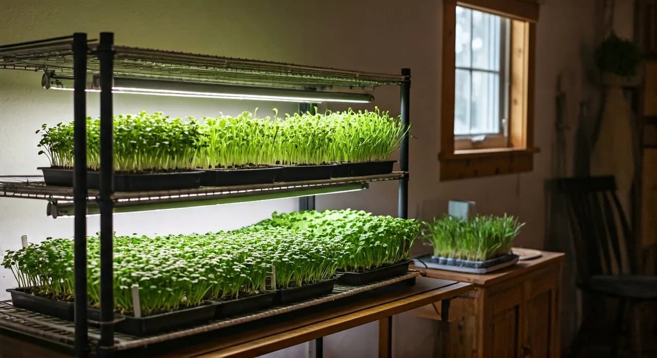 A multi-tiered rack of microgreens growing under LED lights in a clean, organized indoor setting, ready for harvest.