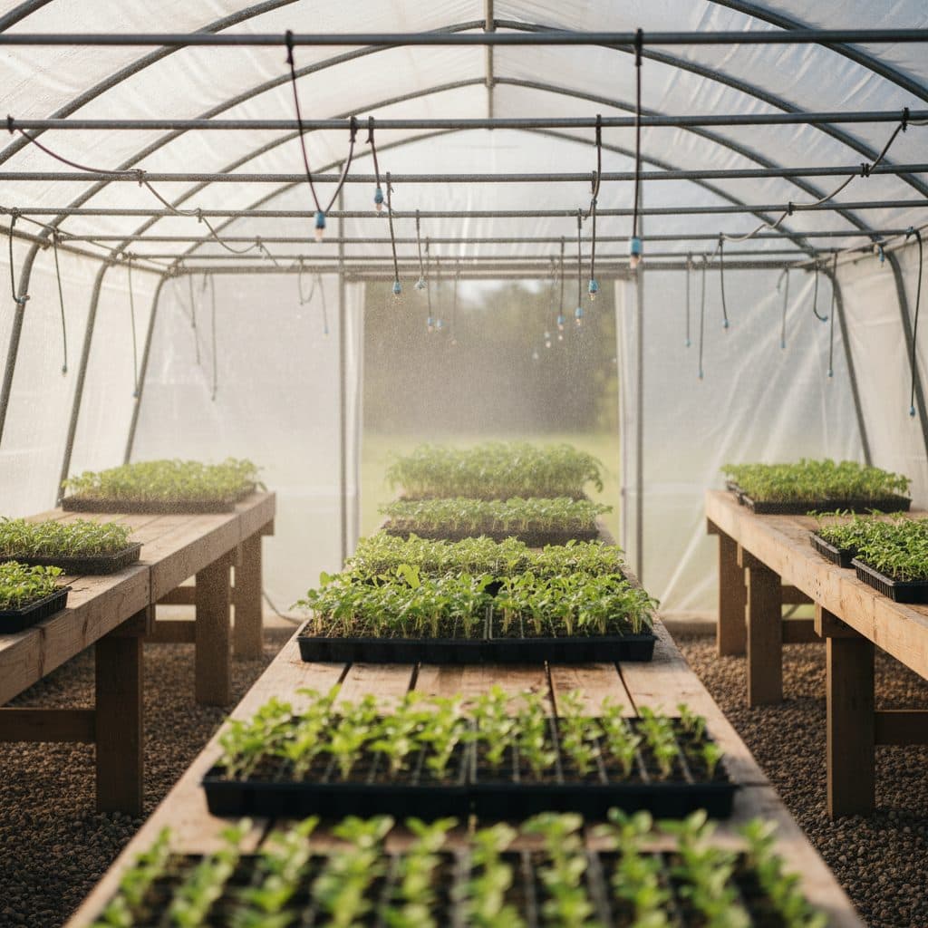 An organized propagation area inside a small hoop house with benches, seedlings, and a misting system.