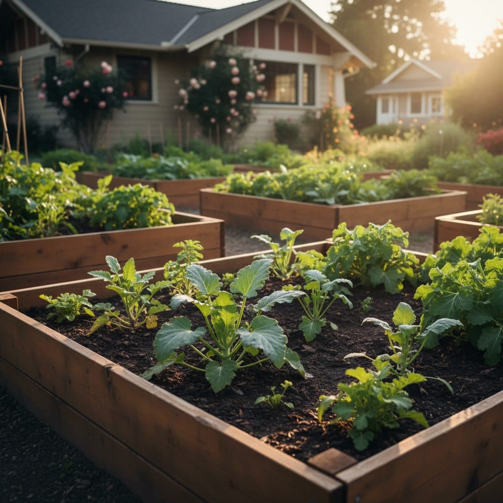 A small greenhouse filled with seed trays and young plants, with a garden bed in the background under an early spring sky on a US homestead.