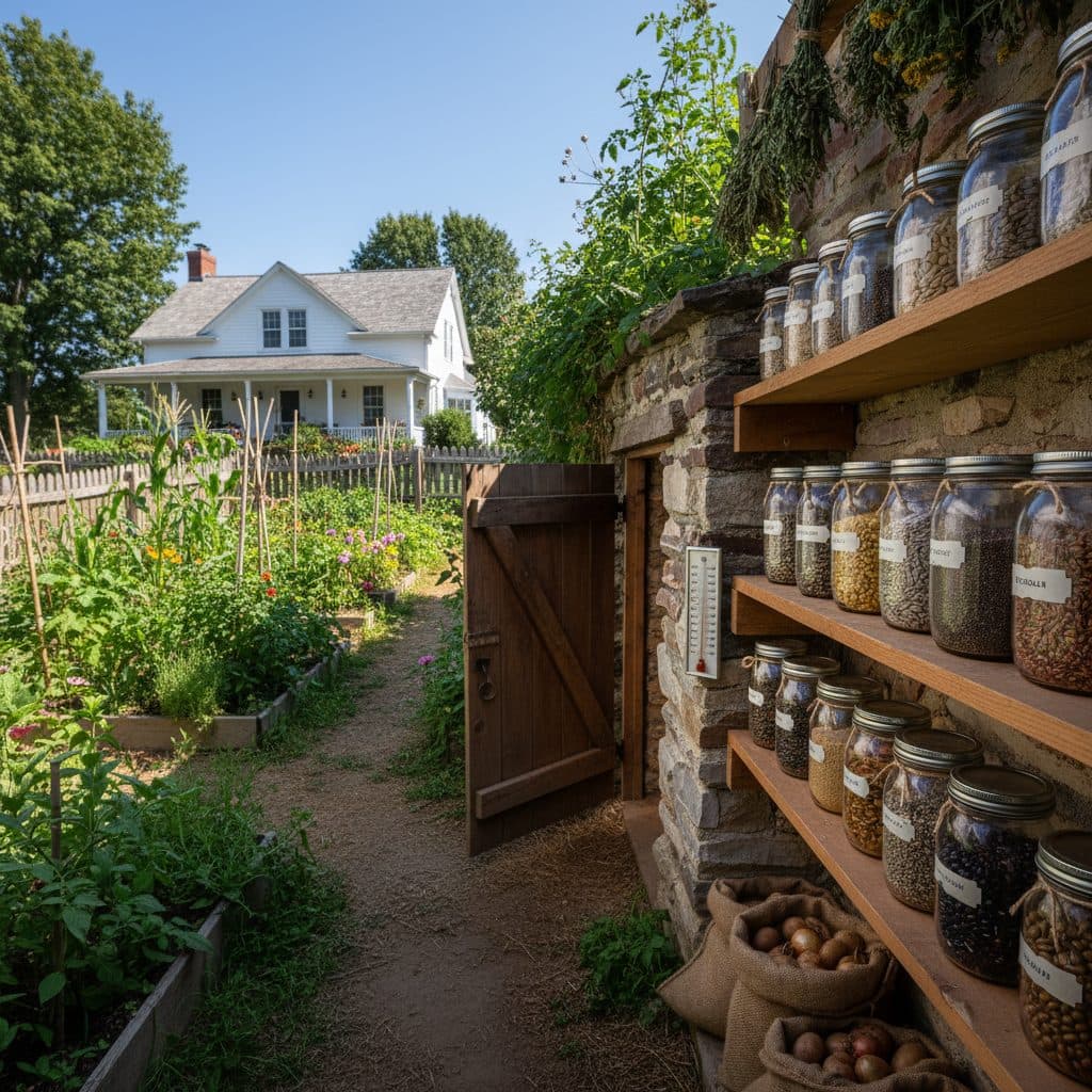 A well-organized seed storage area in a cool, dark pantry, featuring rows of glass jars filled with labeled seed packets, a small thermometer on a shelf showing 40°F, and a dehumidifier in the corner.