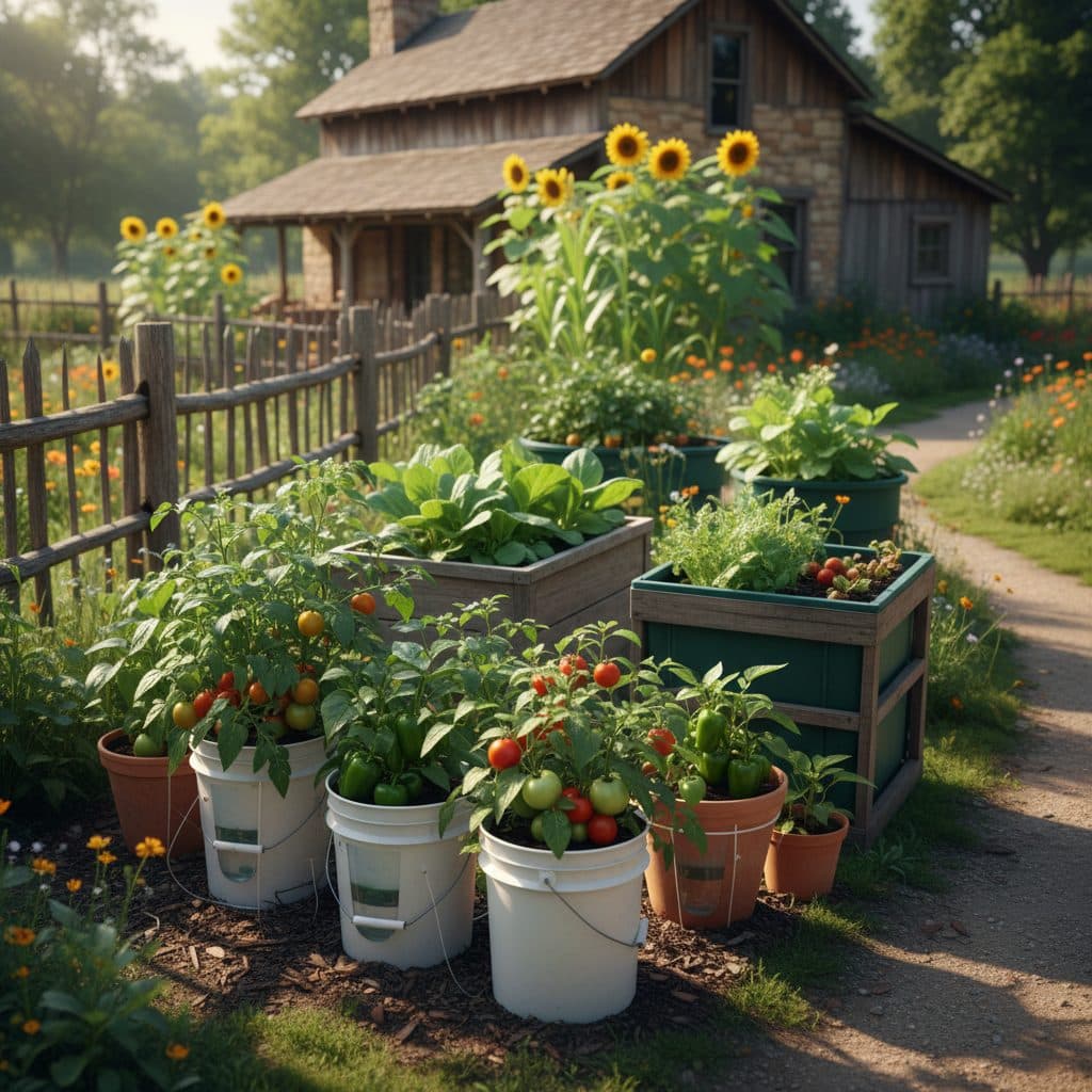 A diverse collection of self-watering planters, both DIY and commercial, thriving with vegetables in a US homestead garden.