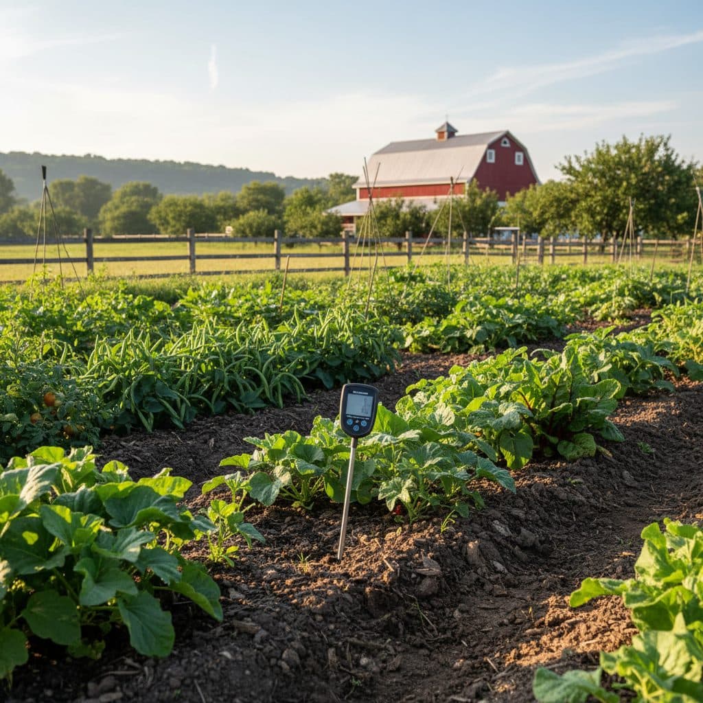 A well-tended vegetable garden in early morning light, with rows of healthy plants and a soil probe gently inserted into the rich, dark earth, suggesting preparation for soil testing.