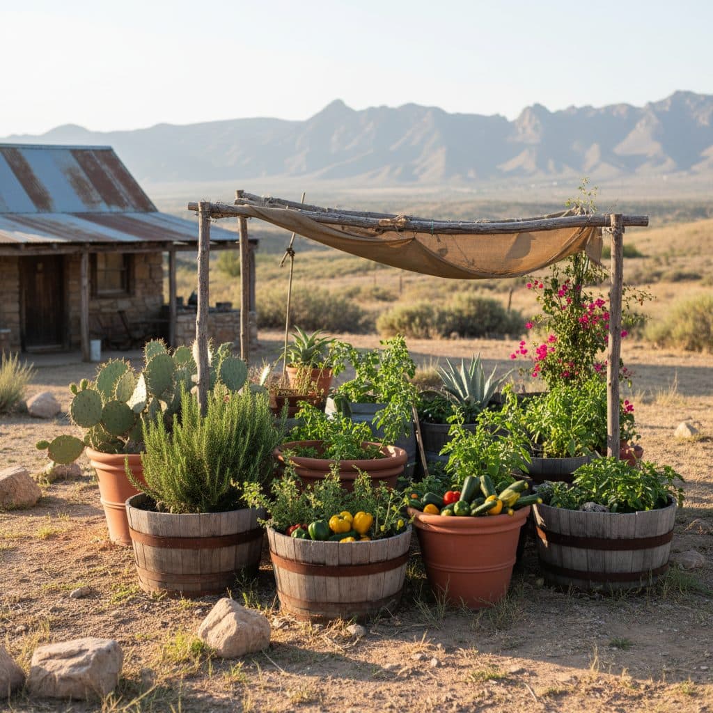A container garden on a sun-drenched patio in a dry, hot climate, with some pots under a light shade cloth structure and others positioned in the natural shade of a building corner.