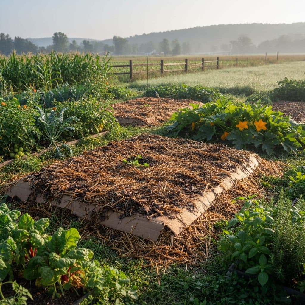 A newly prepared garden bed using sheet mulching, with visible layers of cardboard and organic matter, surrounded by a thriving homestead garden in early morning light.