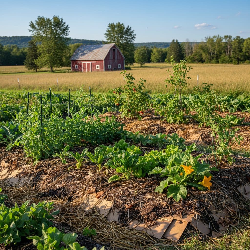 A thriving sheet mulched garden bed on a US homestead, filled with leafy greens, peppers, and berry bushes, demonstrating robust growth without visible weeds.