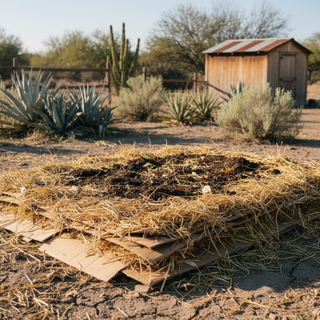 A garden bed undergoing sheet mulching, with visible layers of cardboard, straw, and compost in a sunny, dry US homestead garden.