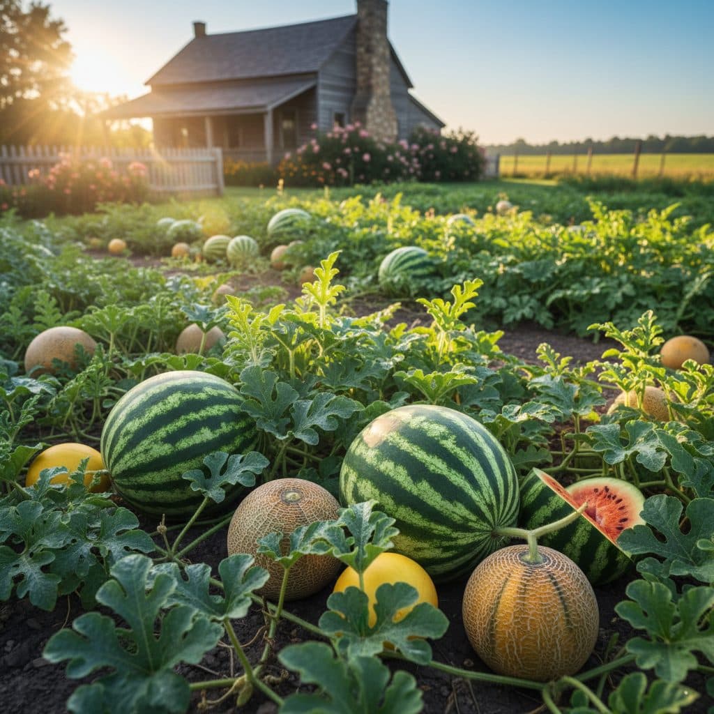 A sunny melon patch in a northern US garden, with various short-season cantaloupes and watermelons ripening on the ground and on trellises.