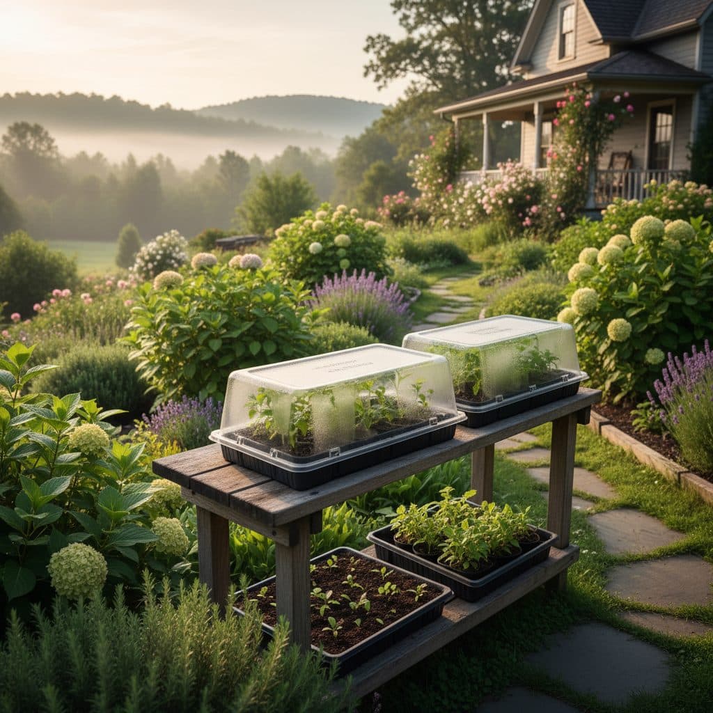 A rustic propagation bench on a US homestead with trays of shrub cuttings under a humidity dome, bathed in soft morning light.