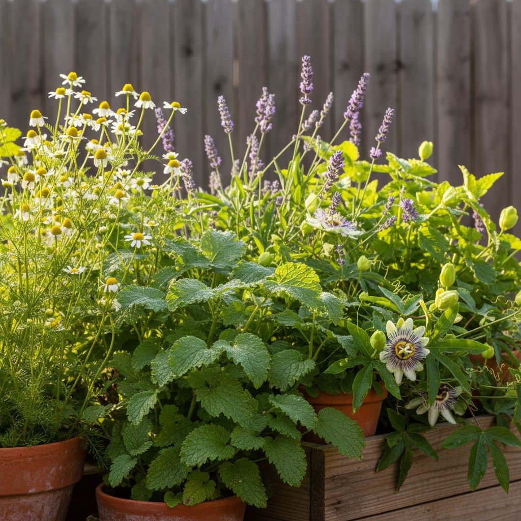 A flourishing home herb garden featuring chamomile, lemon balm, lavender, and passionflower under morning sunlight.