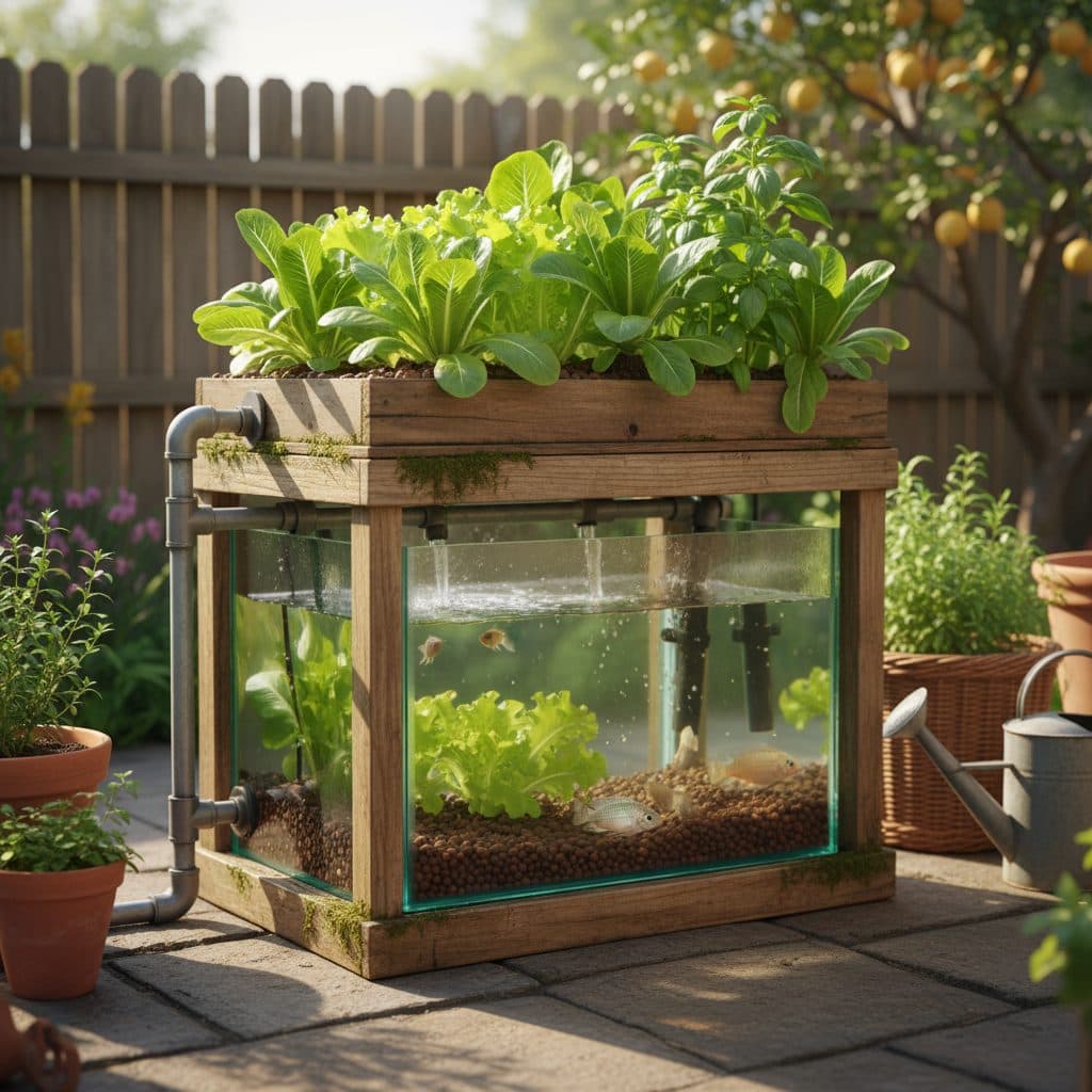 A small aquaponics system with a fish tank below and a grow bed of lettuce above, on a US patio.