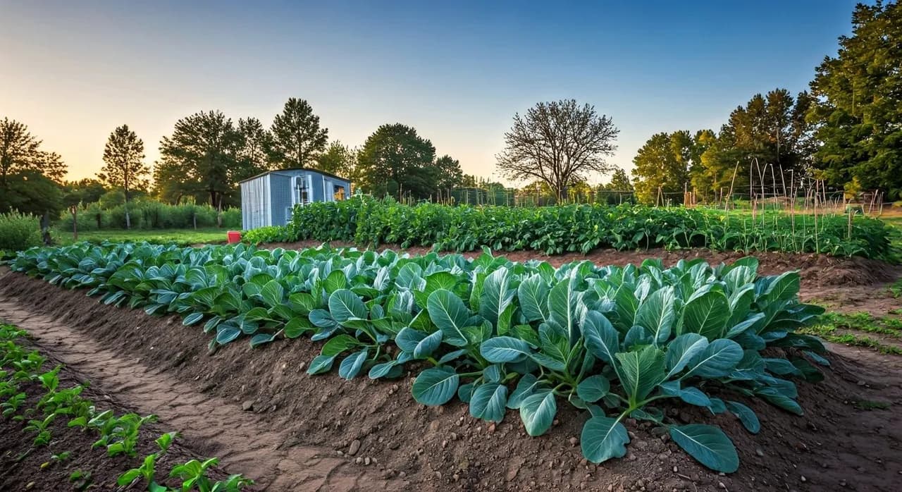 A flourishing vegetable garden on a US homestead, showcasing healthy plants and rich soil under a bright sky.