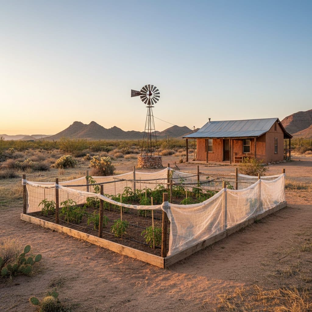 A small homestead garden in a hot, arid landscape, with shade cloth draped over rows of tomato plants to protect them from the intense sun. Distant hills are visible under a clear, bright sky.