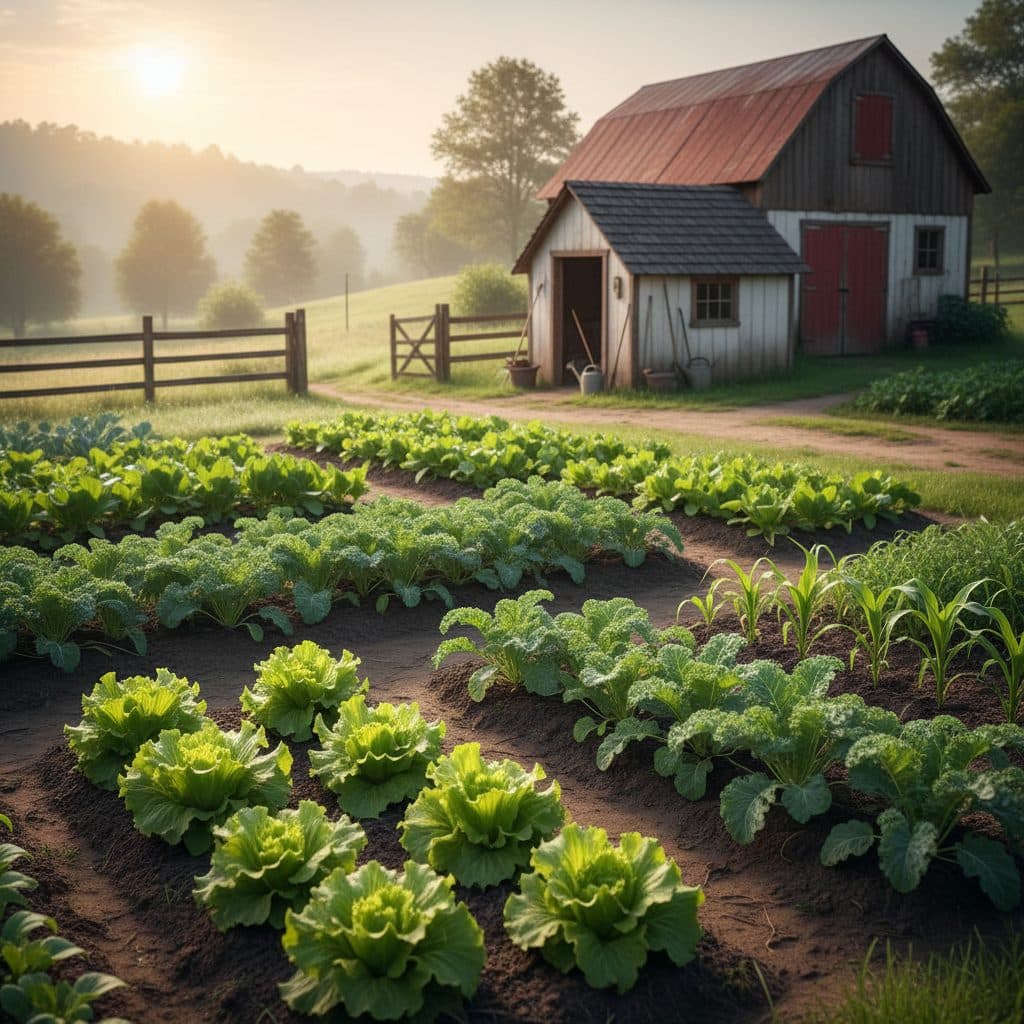 A well-maintained US homestead garden with young crops thriving in neat rows, suggesting strategic planting and care.