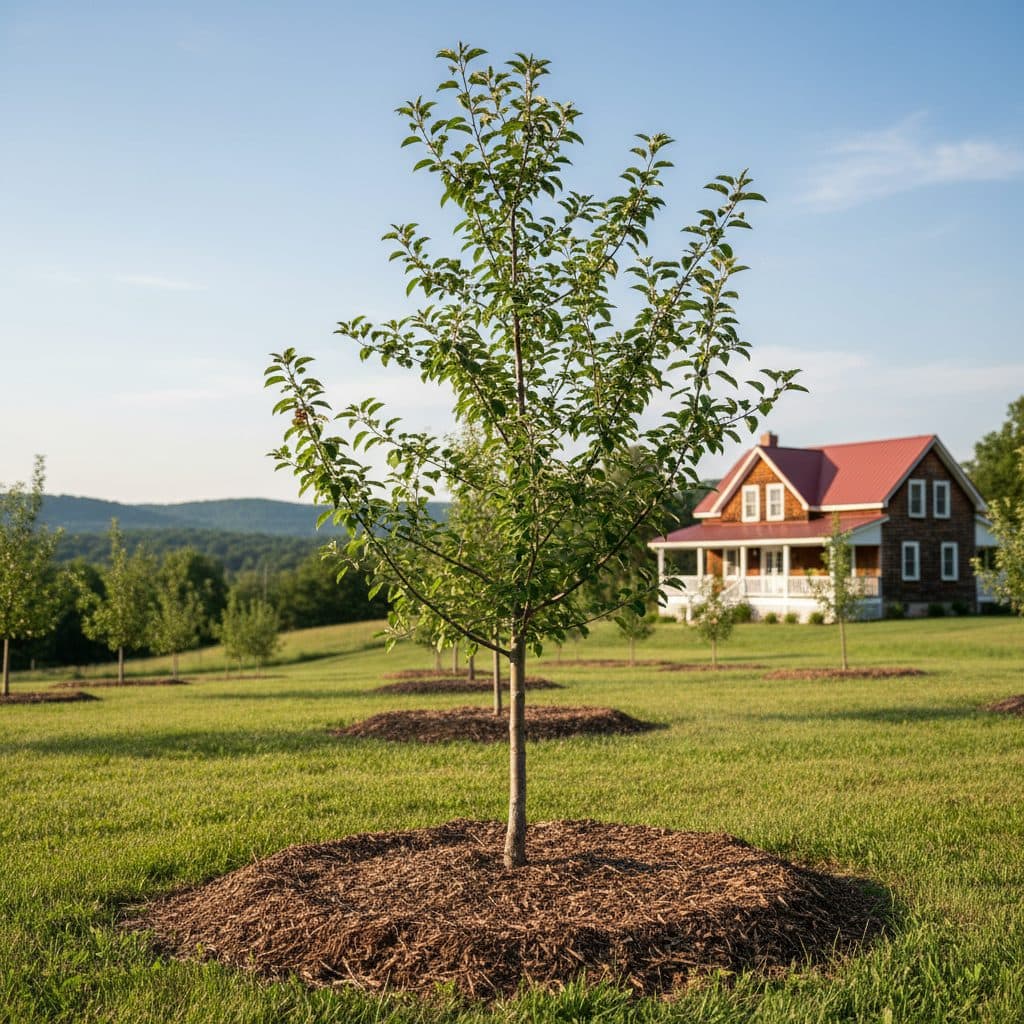A young, unstaked apple tree thriving in a sunny home orchard, with a visible root flare and mulched base, against a backdrop of rolling hills.