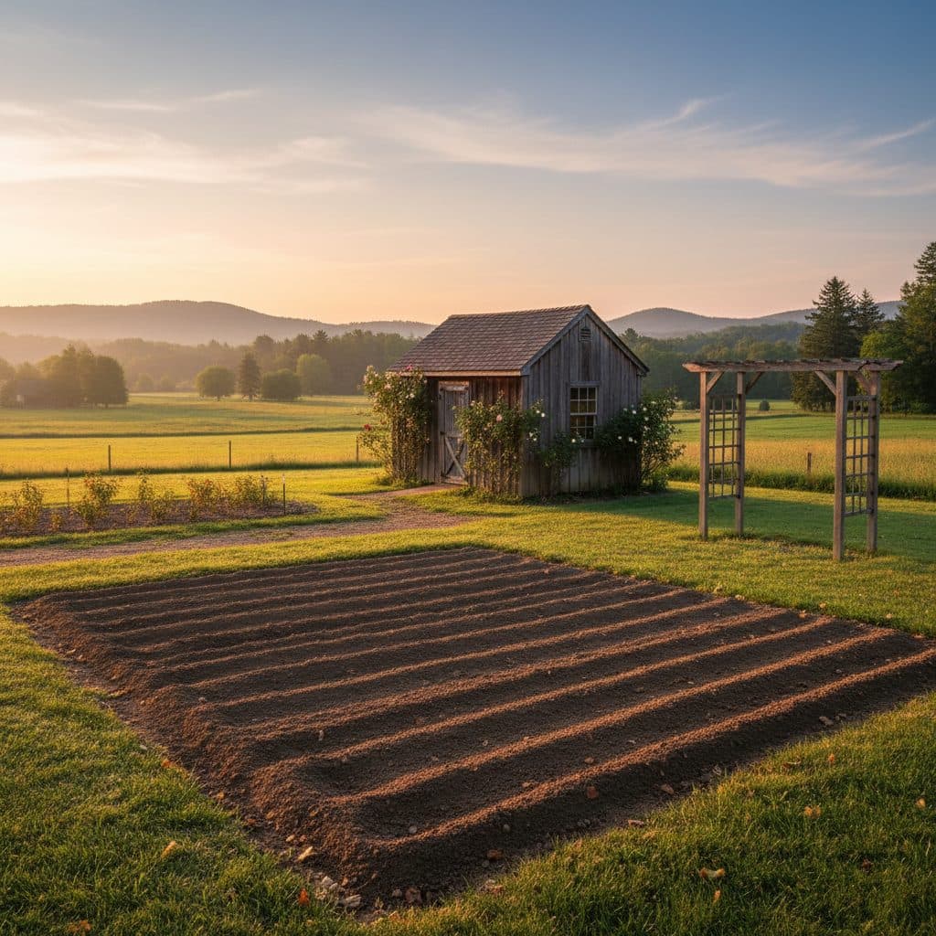 A perfectly prepared garden bed at dawn, ready for direct sowing after stale seedbed treatment.