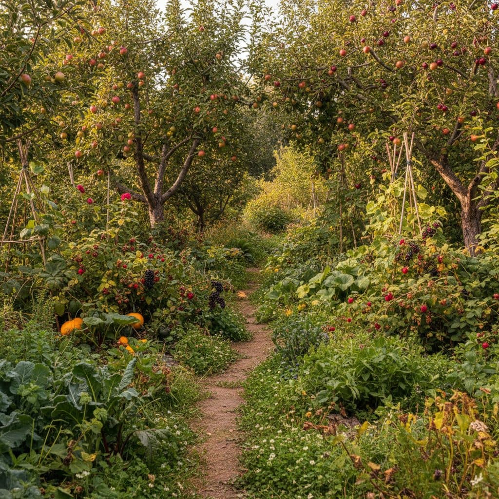 A flourishing multi-layered food forest in a US backyard, featuring various fruit trees, berry bushes, and groundcovers under dappled sunlight.