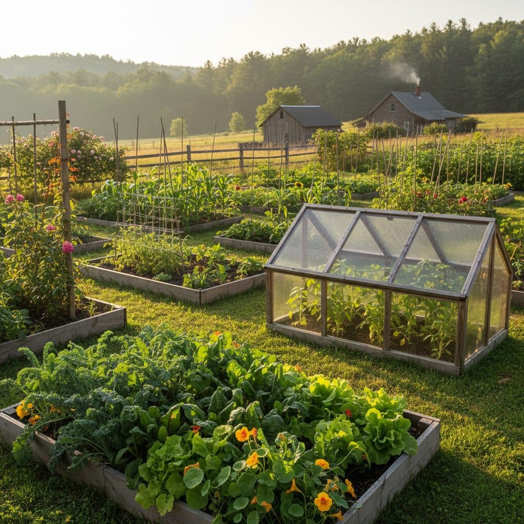 A small, well-maintained greenhouse on a US homestead, with rows of young green plants visible inside, bathed in soft morning light.
