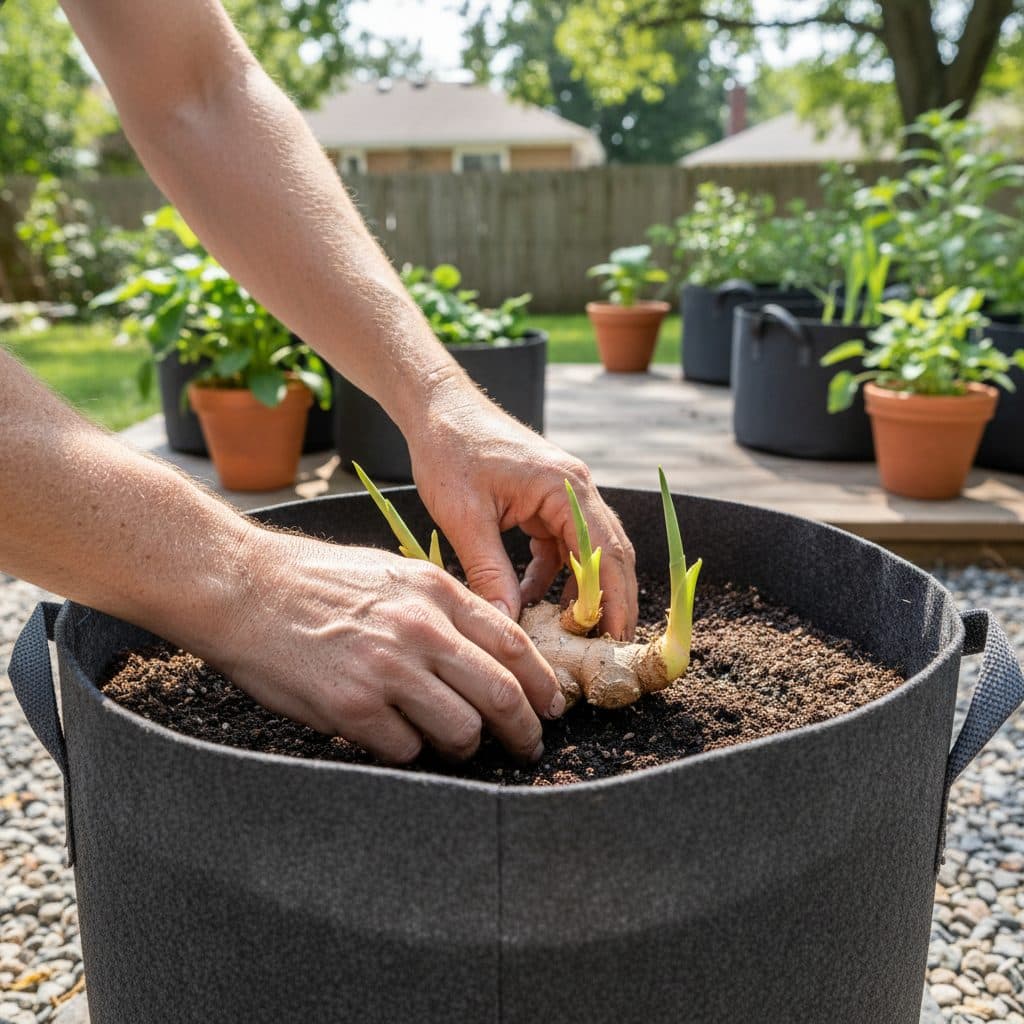 Gardener planting pre-sprouted ginger rhizome in a fabric grow bag.