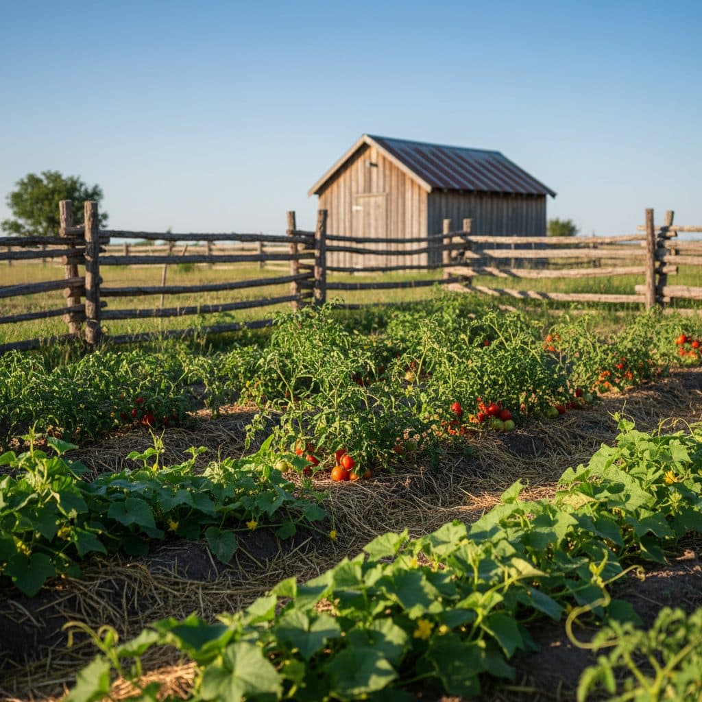 A vibrant US homestead garden with healthy tomato and cucumber plants under a clear morning sky.