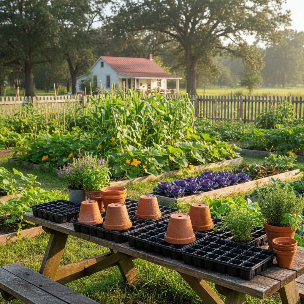 Clean, sterilized seed-starting trays and pots drying in the morning sun on a rustic wooden table in a US garden.