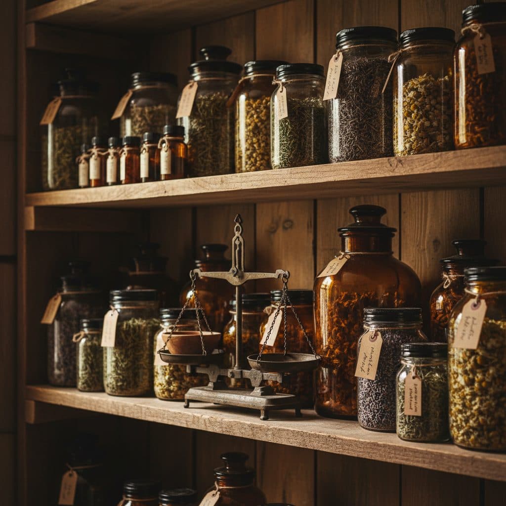 Amber glass jars of dried herbs on rustic pantry shelves, with an antique scale.